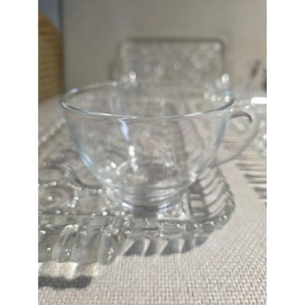 Vintage Anchor Hocking Colonial Lady Snack Set 4 Trays 4 Cups MCM Clear Glass